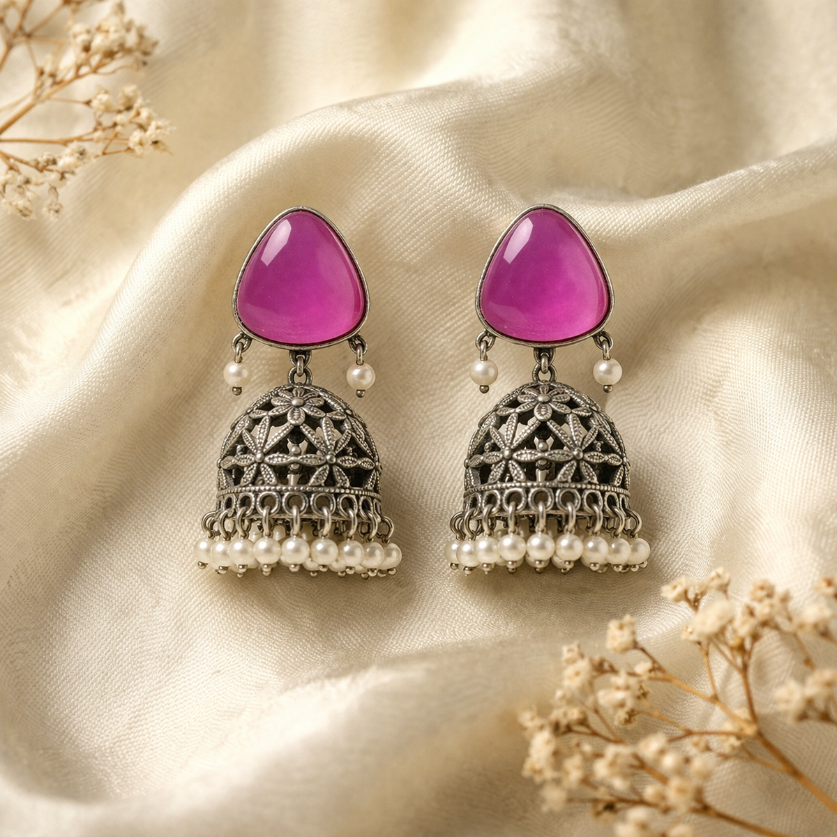Vistaras Floral Dome Jhumka Earrings – Pink